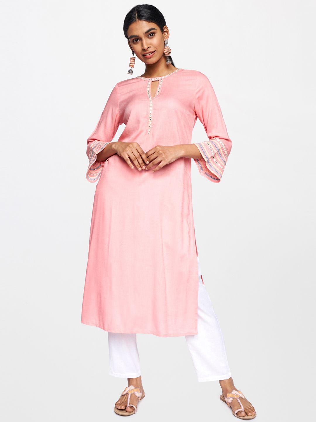 global desi women pink ethnic motifs yoke design keyhole neck flared sleeves mirror work kurta