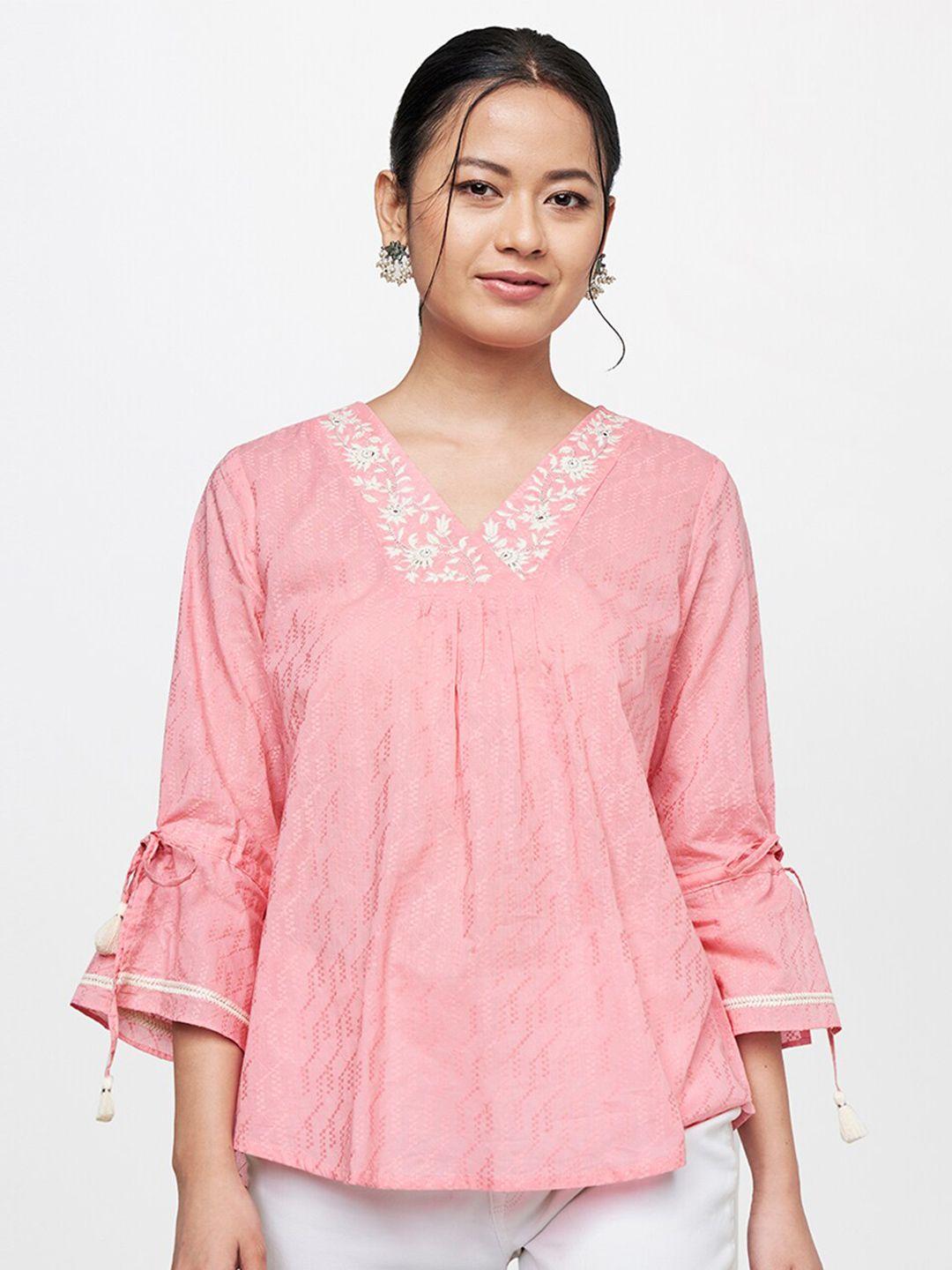 global desi women pink floral yoke embroidered pure cotton casual top