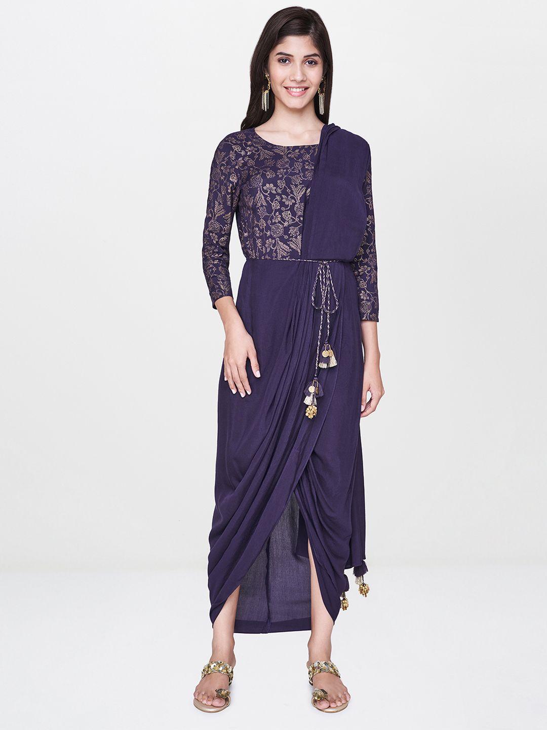 global desi women purple solid viscose rayon ready to wear fusion saree