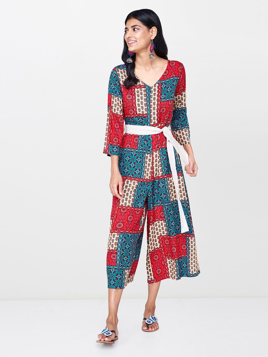 global desi women red & blue printed culotte jumpsuit