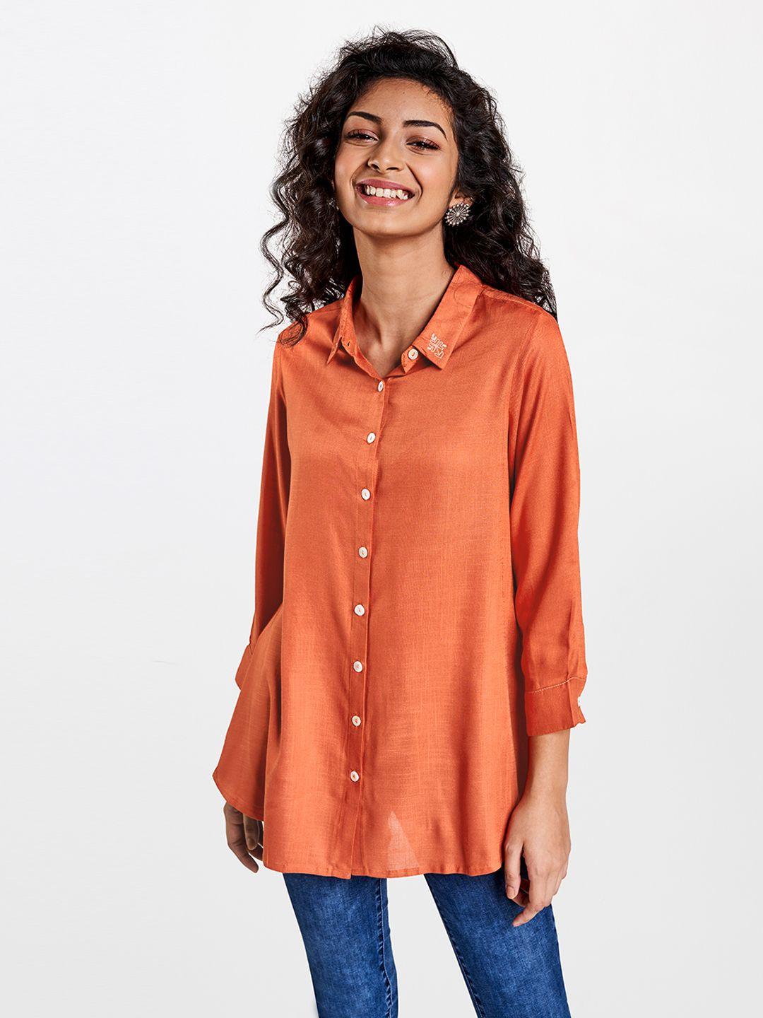 global desi women rust orange regular fit solid casual shirt