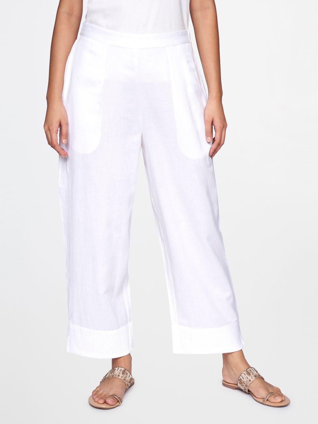 global desi women white solid tapered fit trousers