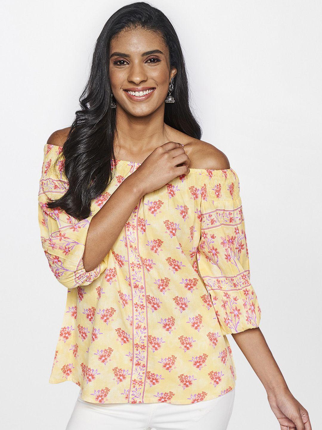 global desi women yellow & pink floral printed off-shoulder top