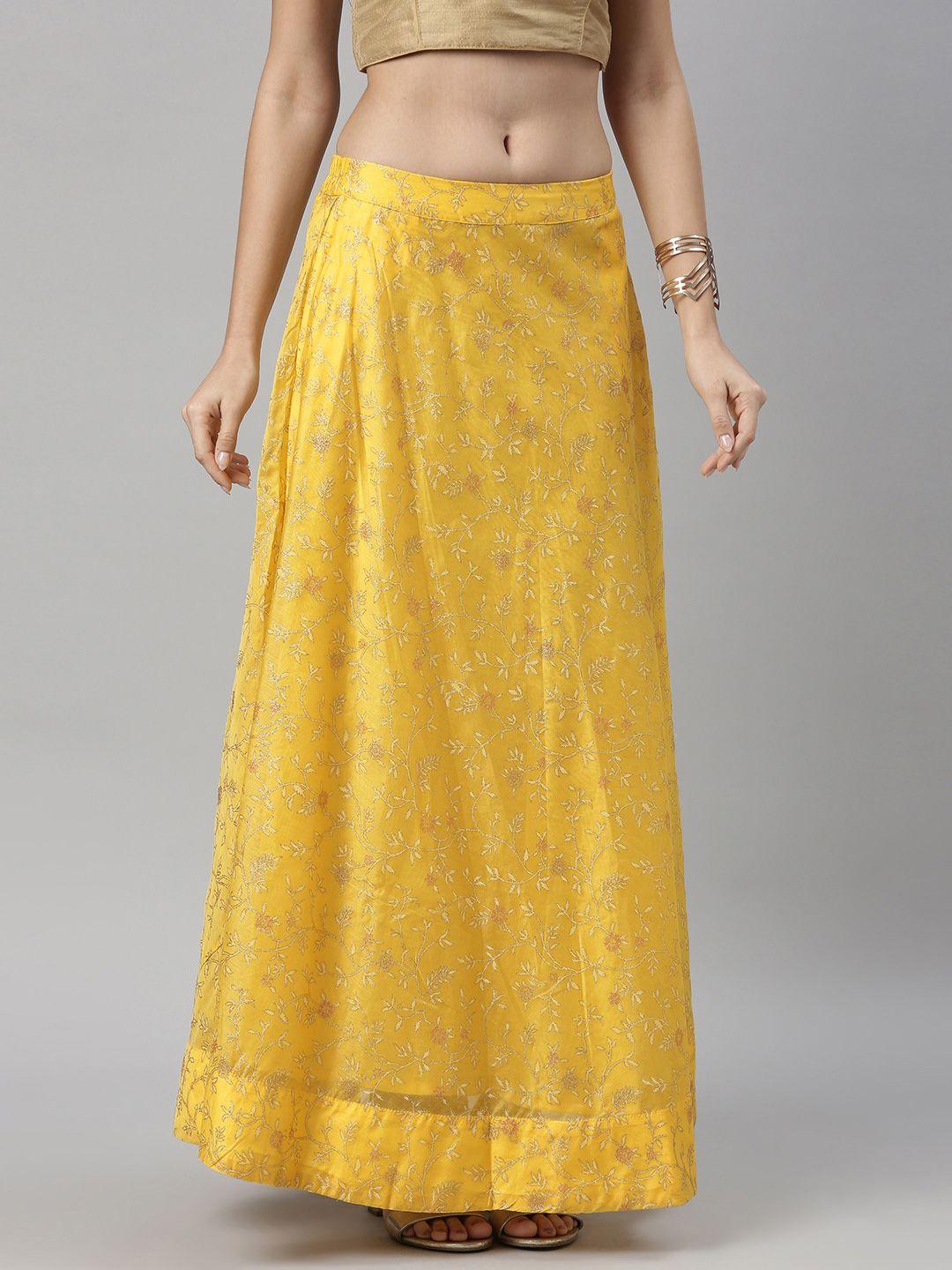 global desi women yellow woven printed mid rise skirt
