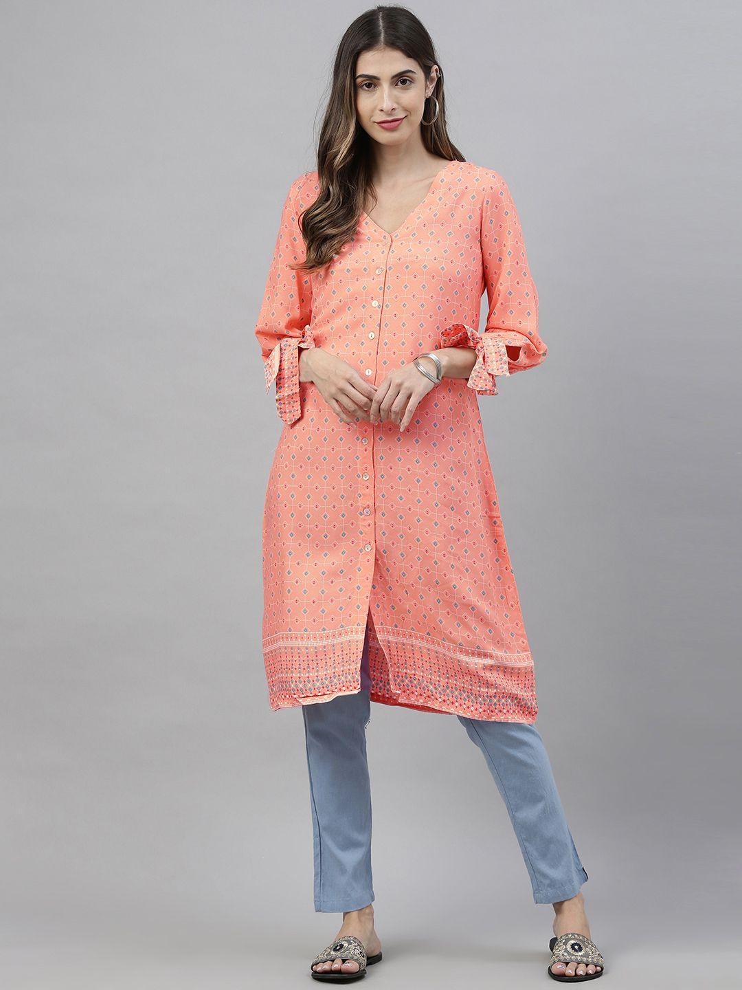 global desi women's pink & white printed tunic