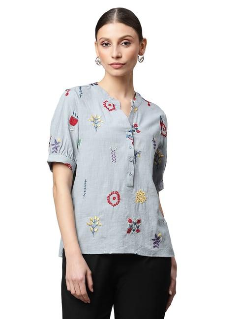 global republic blue cotton embroidered top