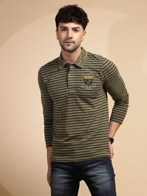 global republic green regular fit striped polo t-shirt