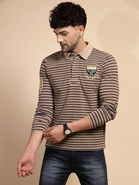 global republic light brown regular fit striped polo t-shirt