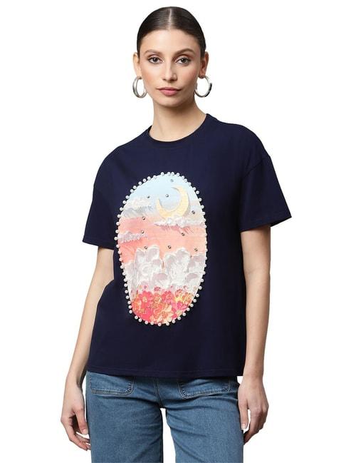global republic navy cotton embellished t-shirt