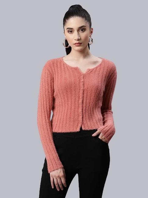 global republic pink knitted self design cardigan
