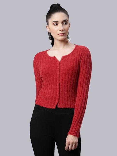 global republic red knitted self design cardigan