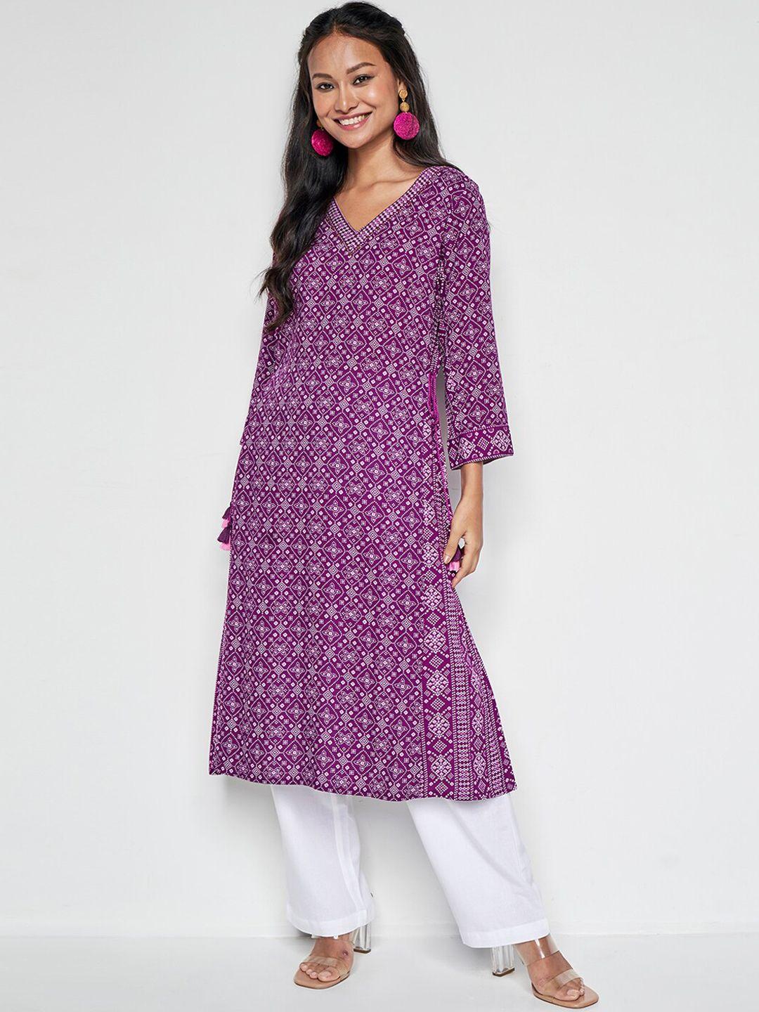 global desi bandhani printed v-neck straight kurta