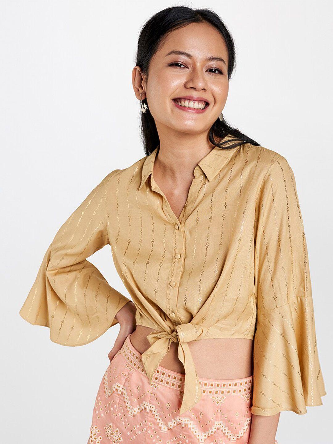 global desi beige striped shirt style crop top