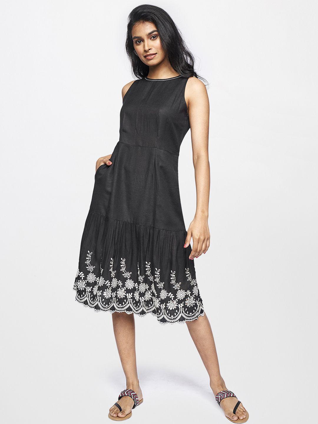 global desi black & white floral sleeveless a-line casual dress