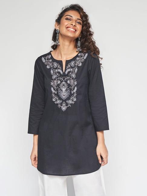 global desi black cotton embroidered a line kurti