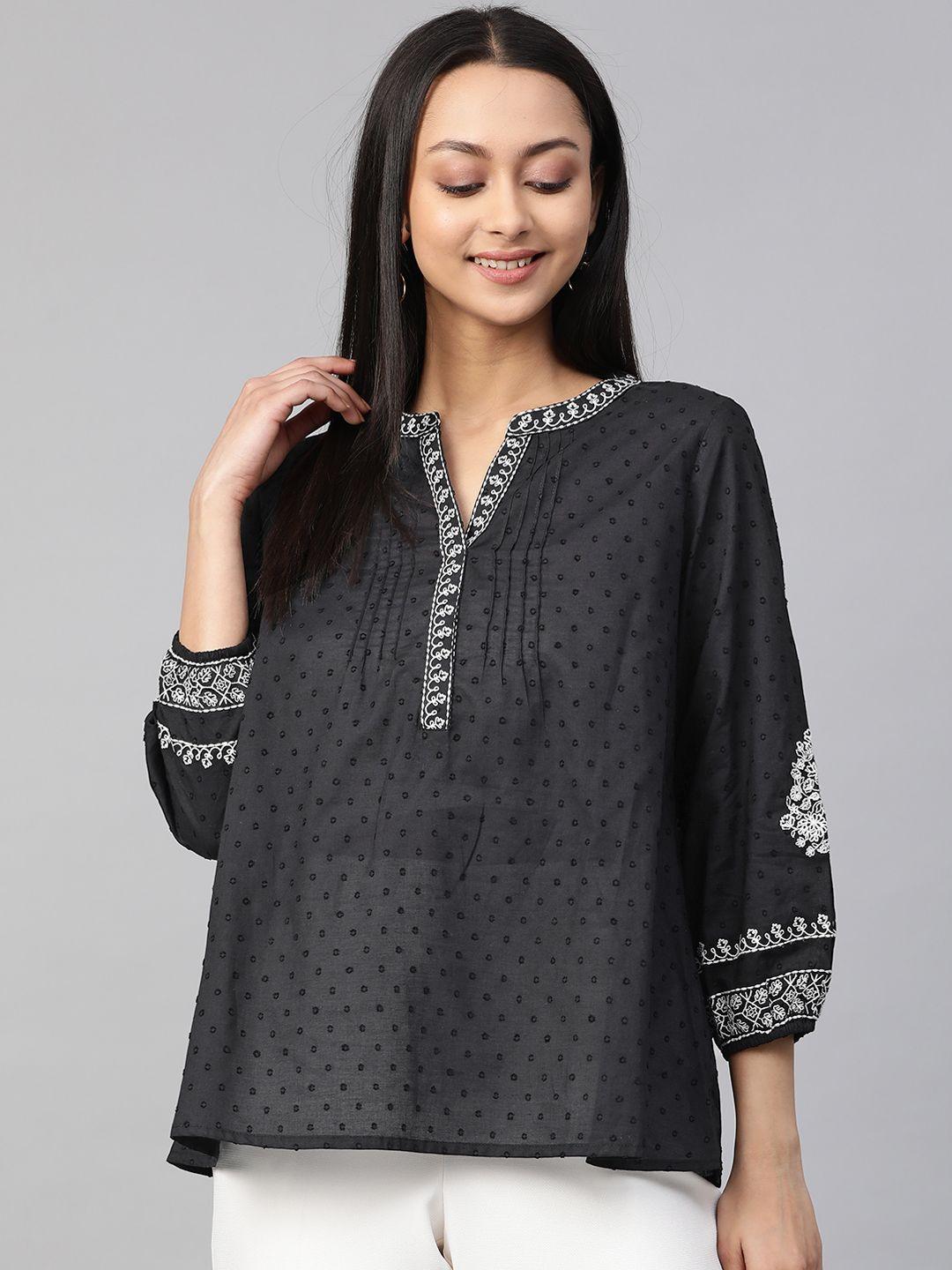 global desi black dobby weave puff sleeves monochrome pure cotton top