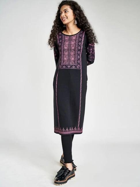 global desi black floral print straight kurta