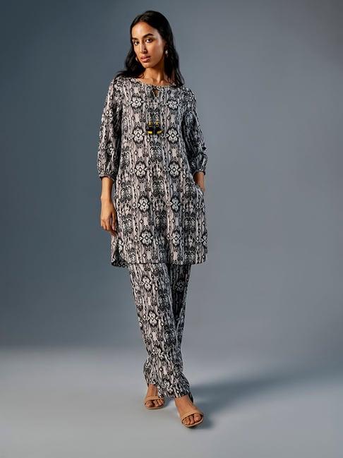 global desi black printed kurta pant set