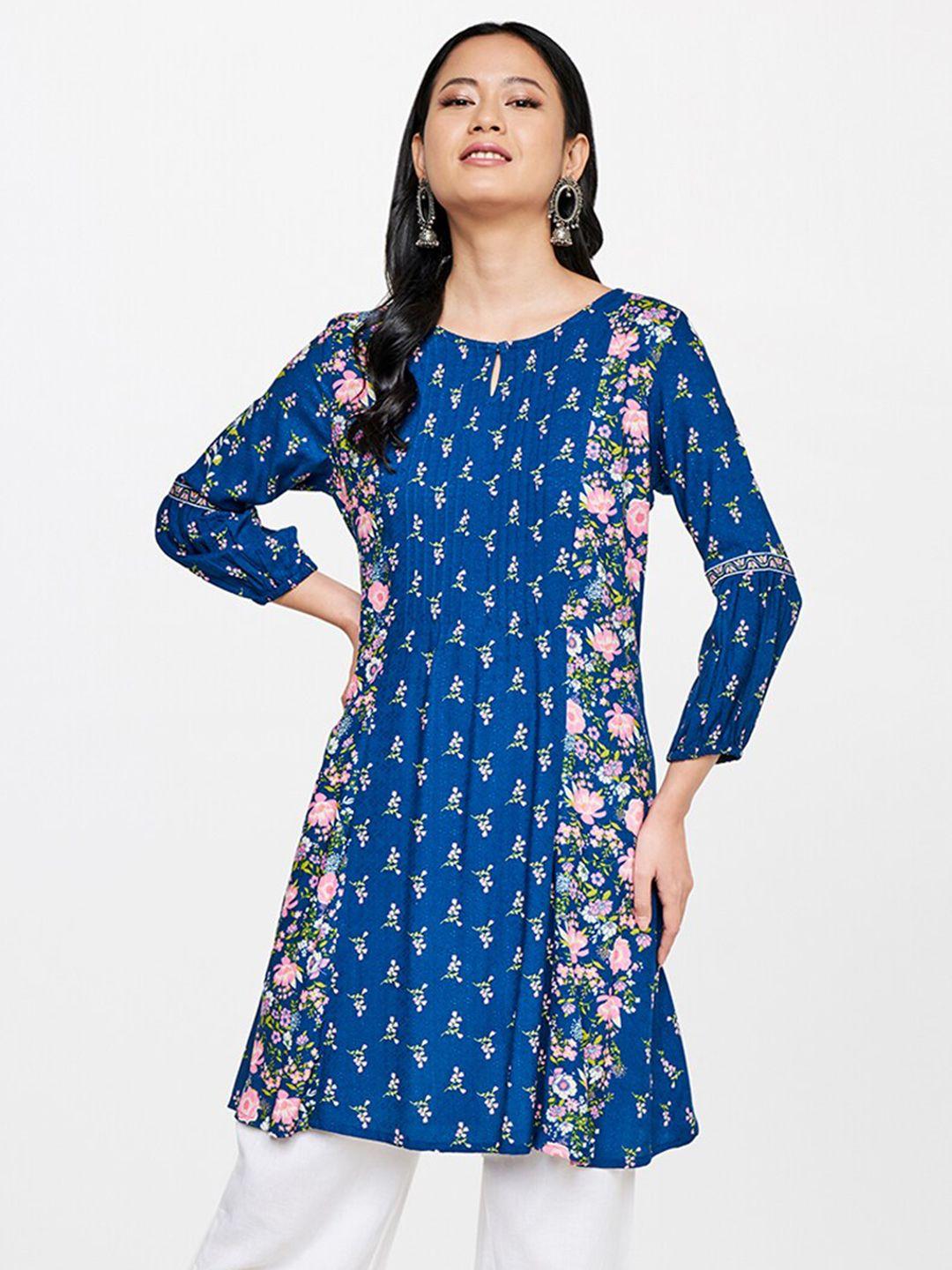 global desi blue & pink ethnic motifs printed kurti
