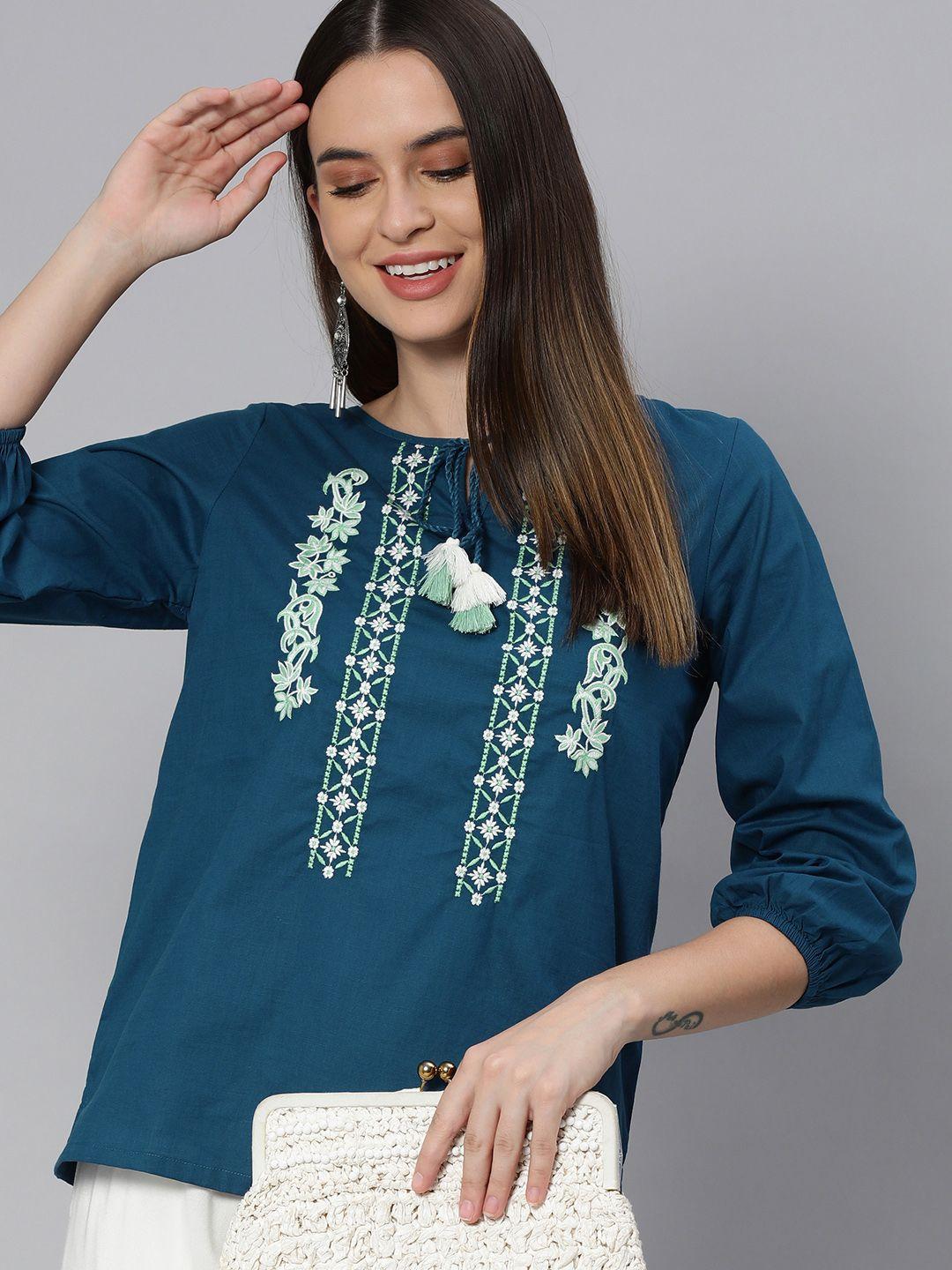 global desi blue & white embroidered tie-up neck top