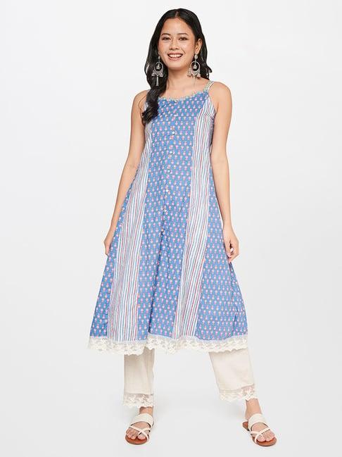 global desi blue & white printed kurta with pants