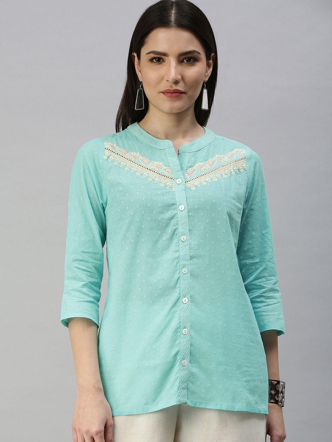 global desi blue embroidered mandarin collar shirt style top
