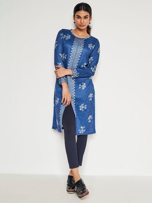 global desi blue floral a line winter kurta