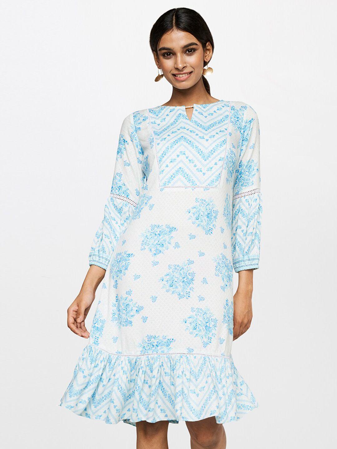 global desi blue floral keyhole neck a-line dress