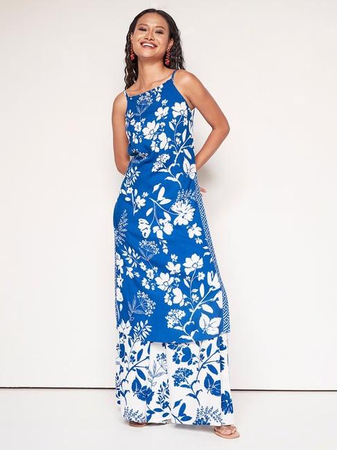 global desi blue floral kurta & palazzo set