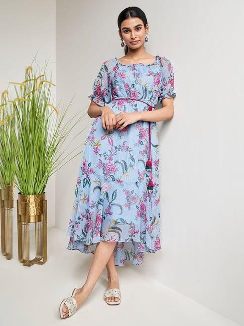 global desi blue floral print fit & flare dress