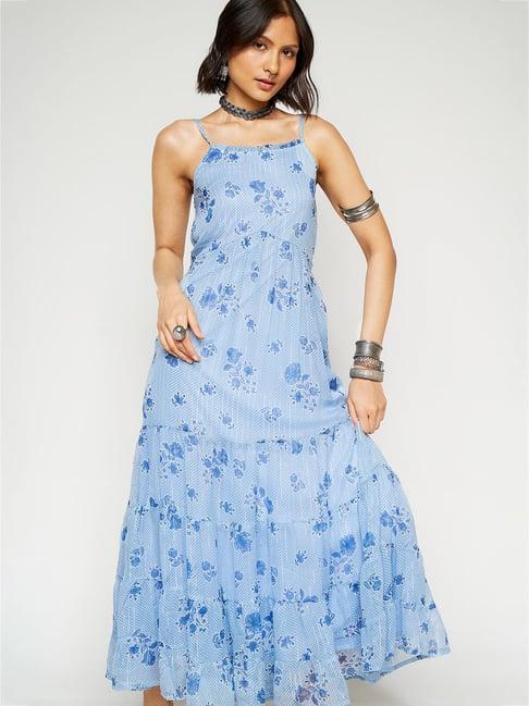 global desi blue floral print gown