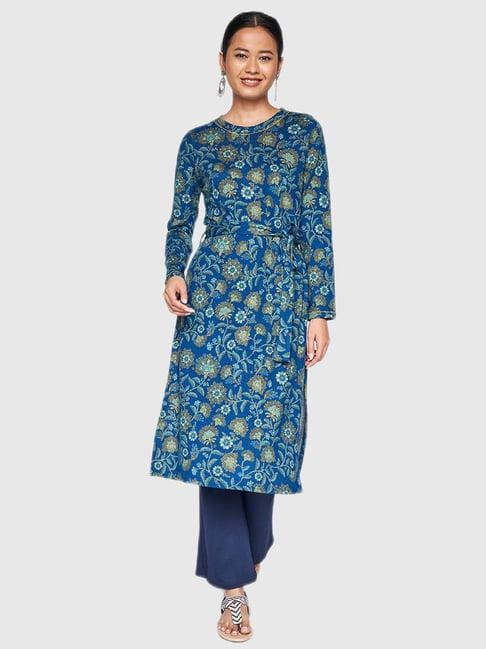 global desi blue floral print kurta