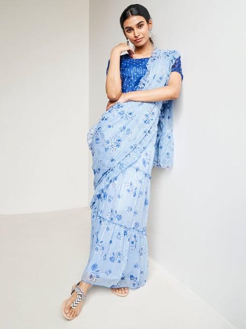 global desi blue floral print ready to wear saree