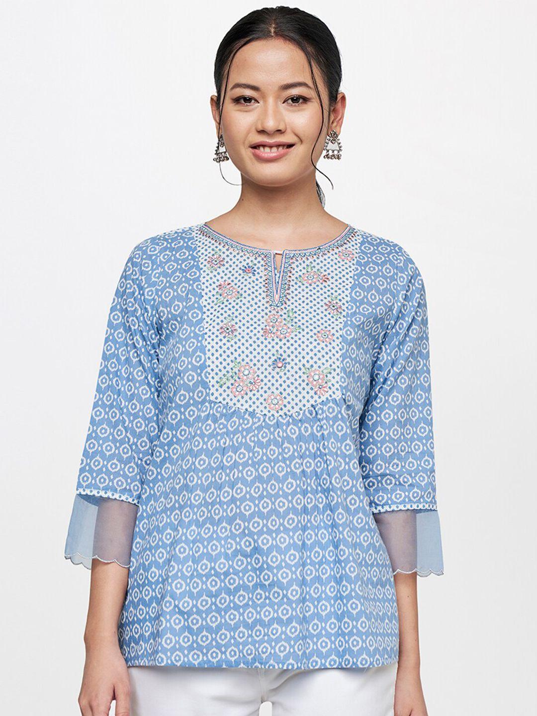 global desi blue geometric print keyhole neck top