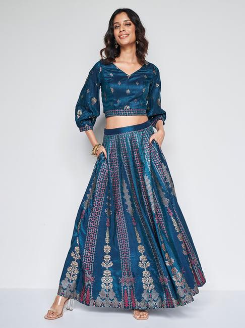 global desi dark green printed top & skirt