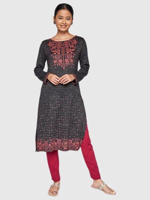 global desi dark grey floral print kurta