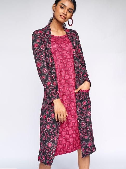 global desi dark pink floral print a line dress