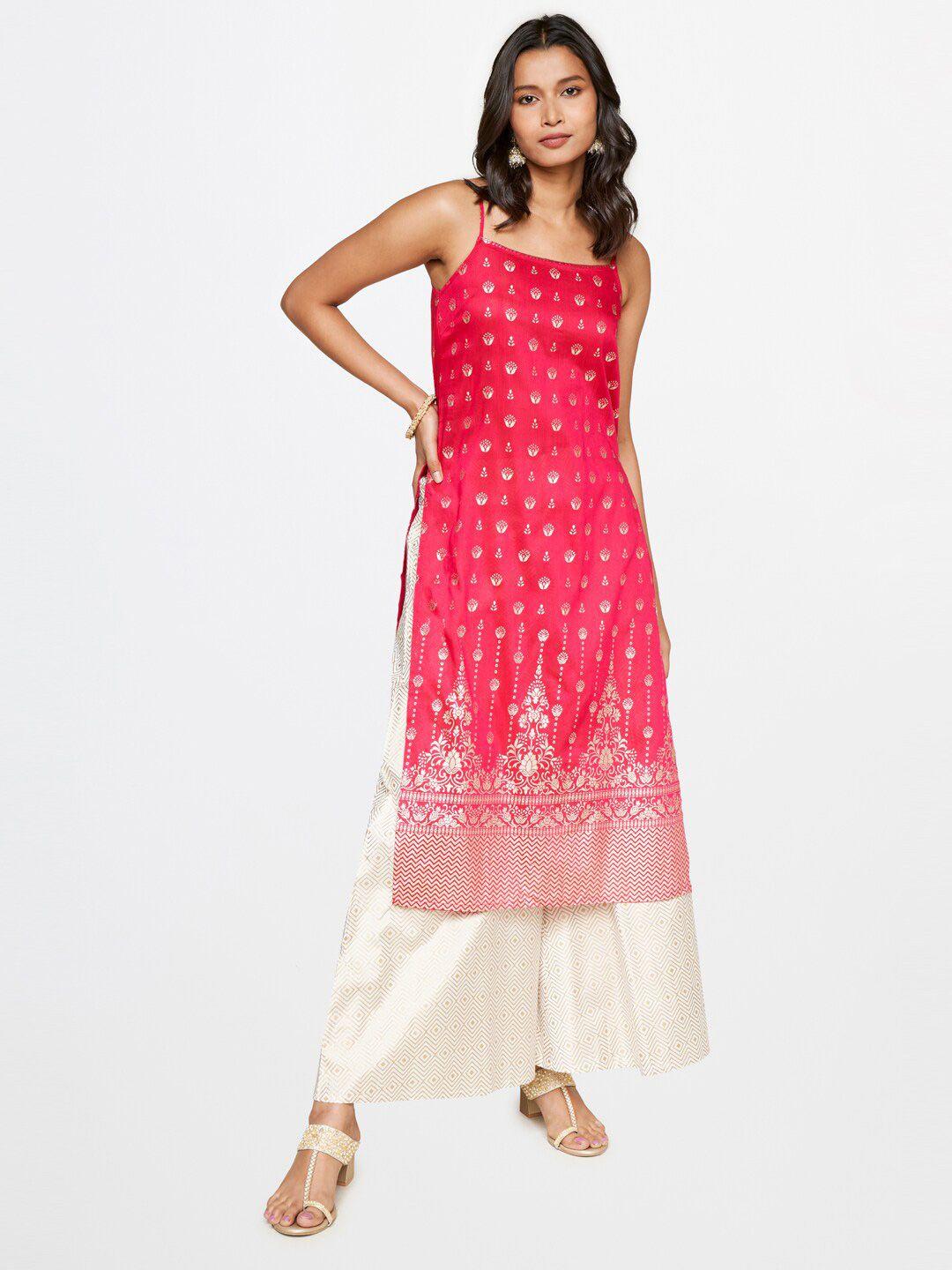 global desi ethnic motifs foil printed shoulder straps kurta with palazzos