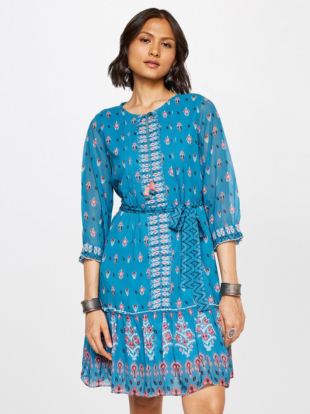 global desi ethnic motifs printed a-line dress with belt