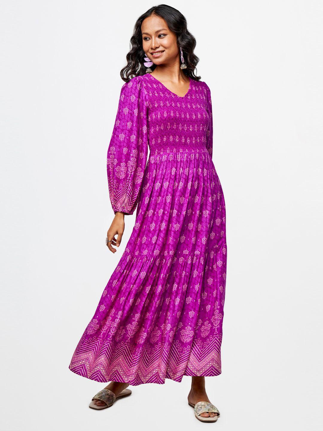 global desi ethnic motifs printed bishop sleeve smocked detail fit & flare dress