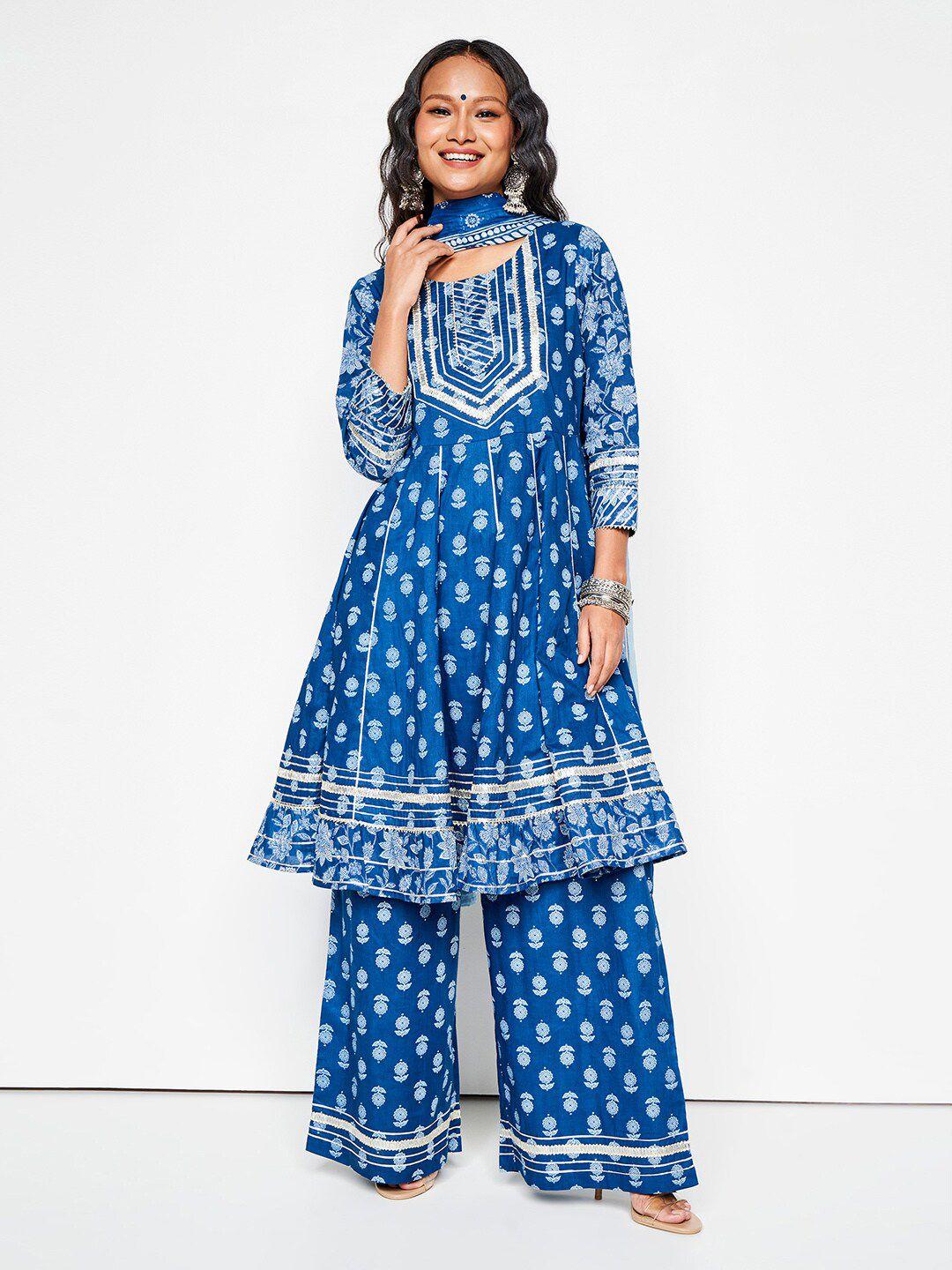 global desi ethnic motifs printed cotton kurta & palazzos with dupatta