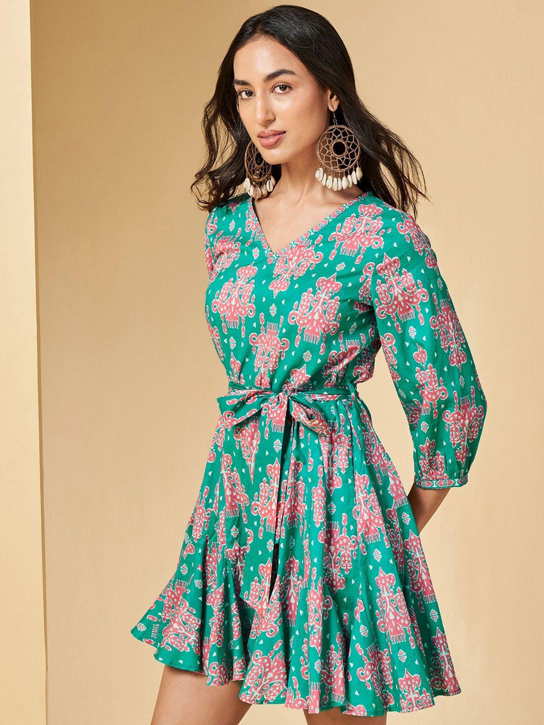 global desi ethnic motifs printed cuffed sleeves gathered cotton fit & flare ethnic dress