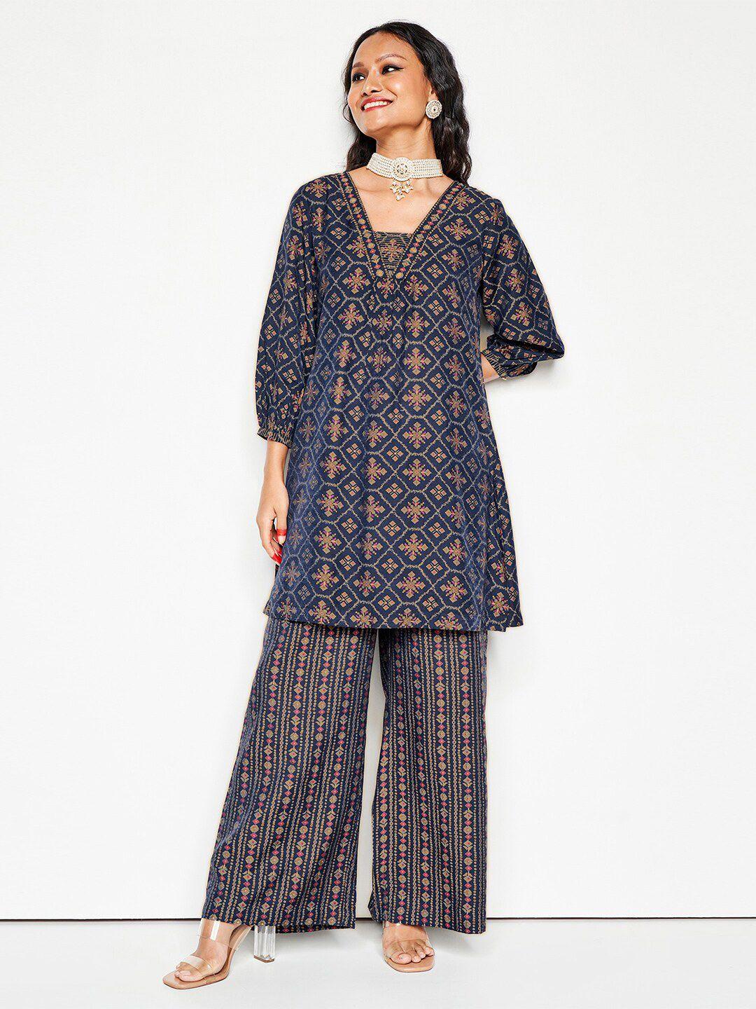 global desi ethnic motifs printed square neck kurta with palazzos