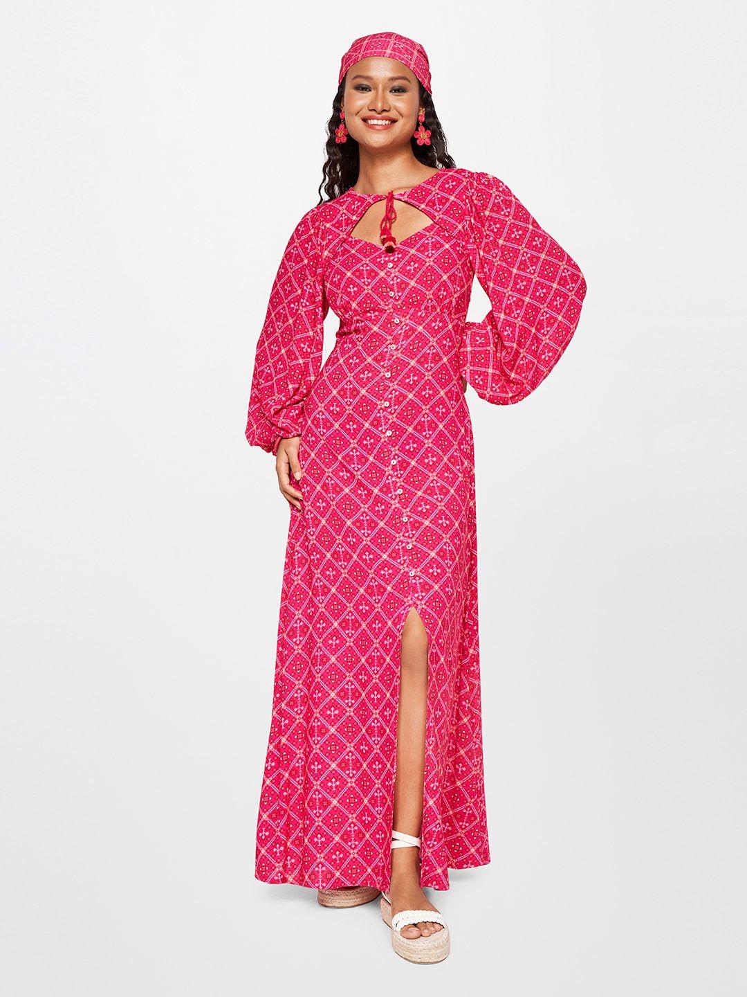global desi ethnic motifs printed tie up neck puff sleeves maxi dress