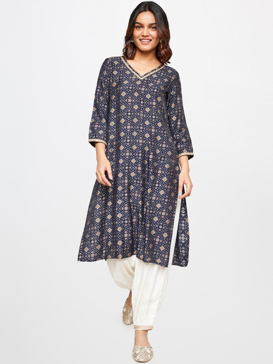 global desi ethnic motifs printed v-neck kurta