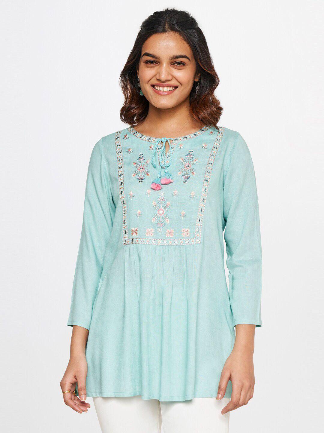 global desi floral embellished tie-up neck top