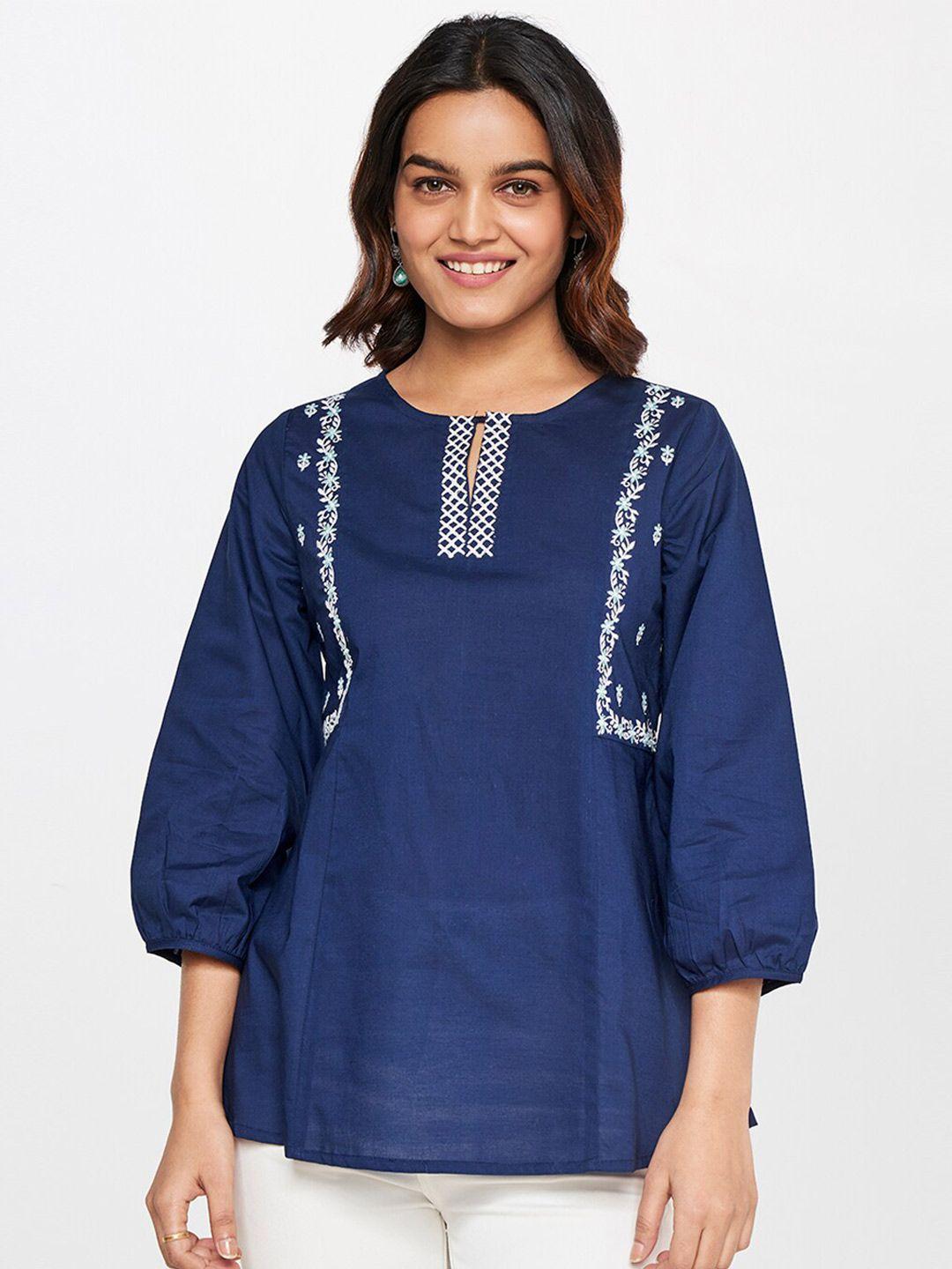 global desi floral embroidered a-line top