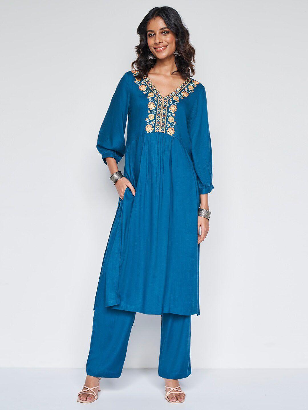 global desi floral embroidered kurta with trousers