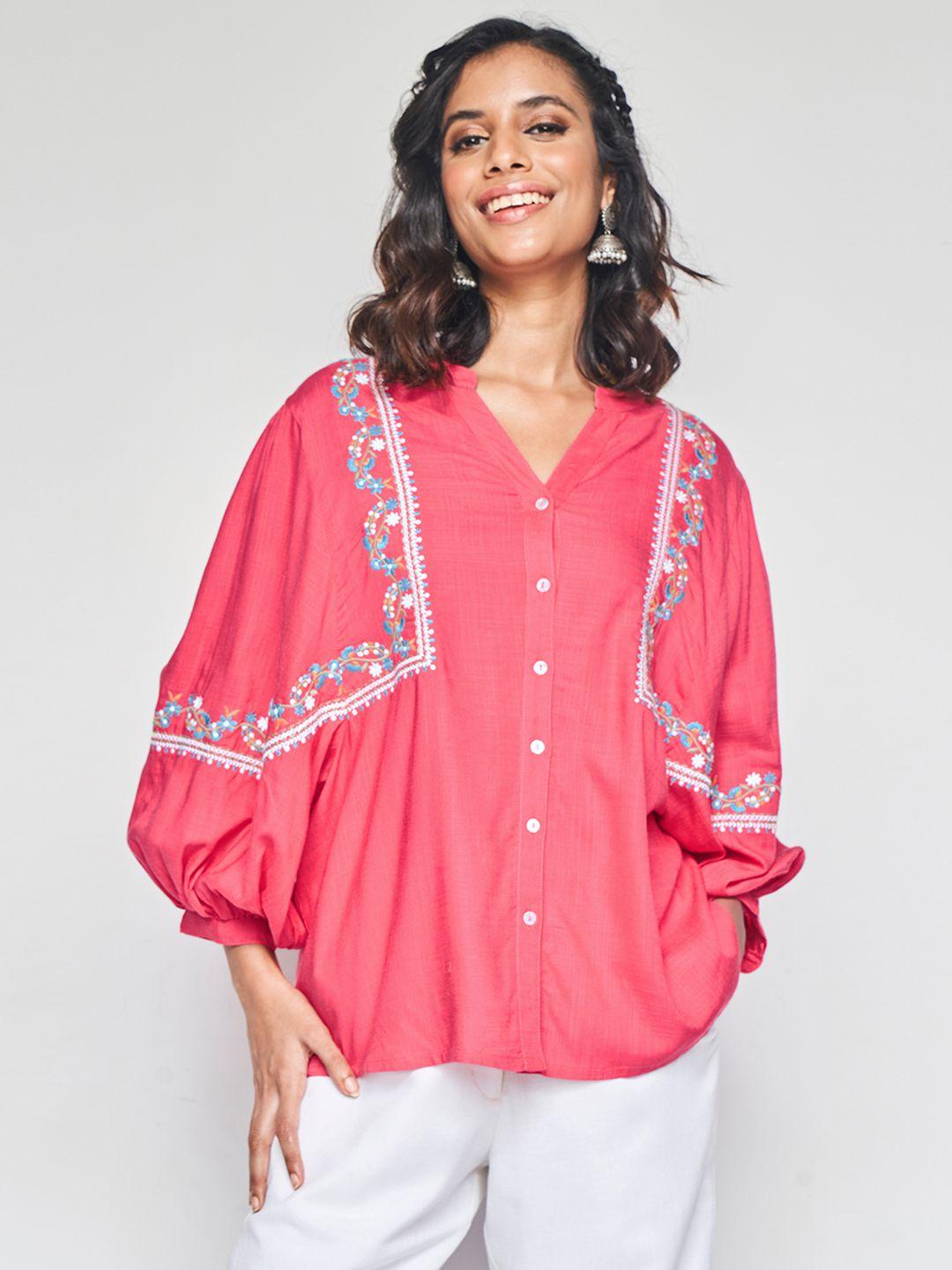 global desi floral embroidered mandarin collar shirt style top