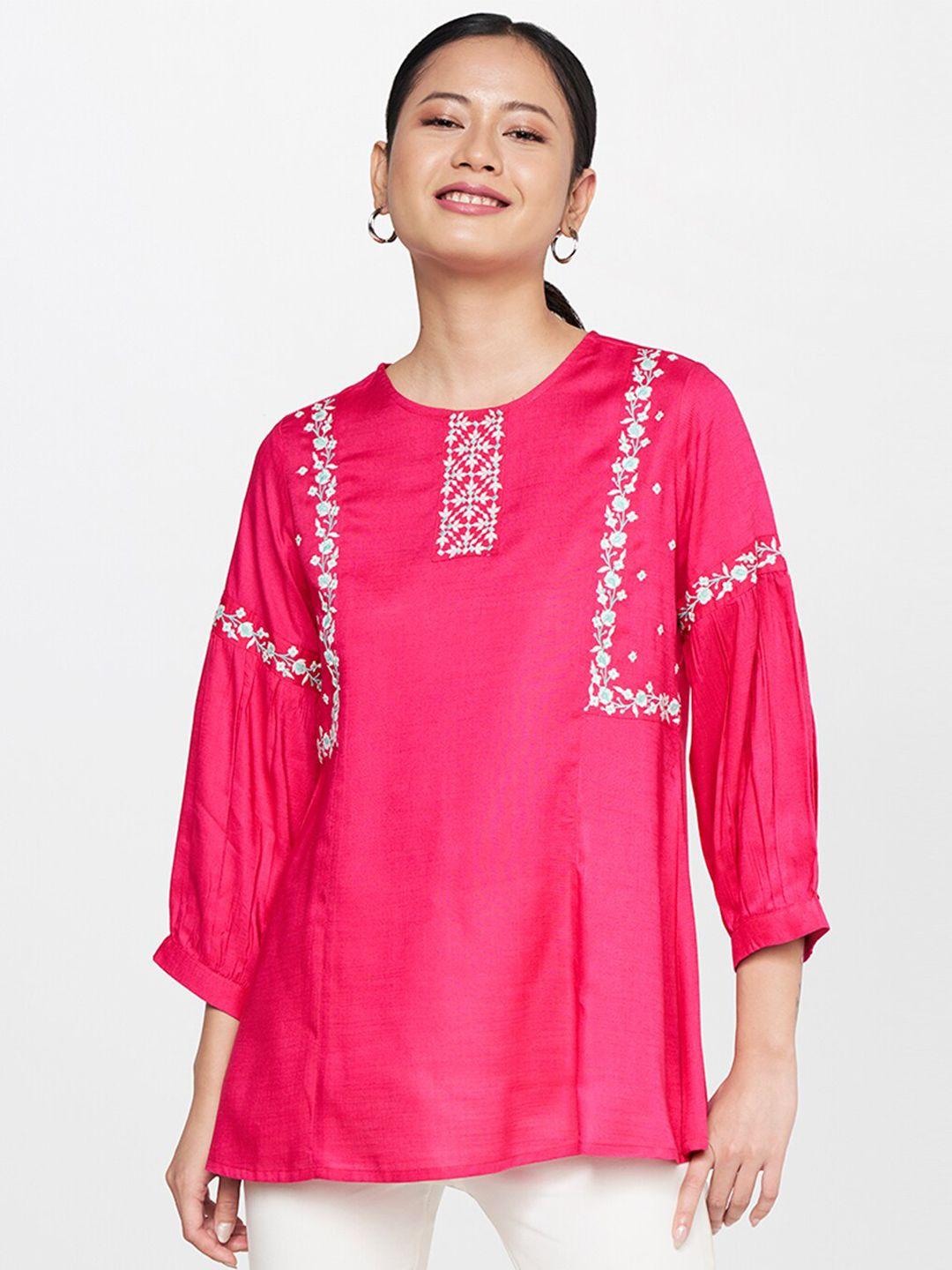 global desi floral embroidered puff sleeves top